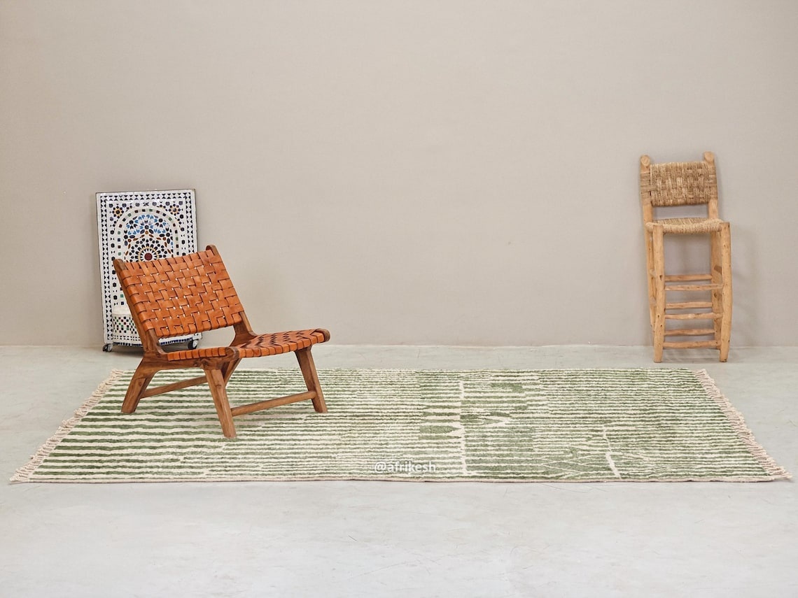 Tiniri - Green And white Striped Beni Ourain Rug - Custom Made - Image 4