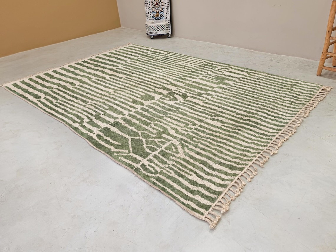 Tiniri - Green And white Striped Beni Ourain Rug - Custom Made - Image 3
