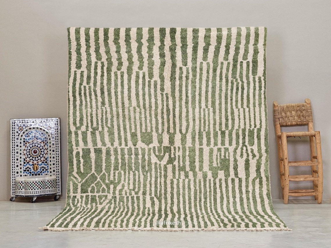 Tiniri - Green And white Striped Beni Ourain Rug - Custom Made - Image 2