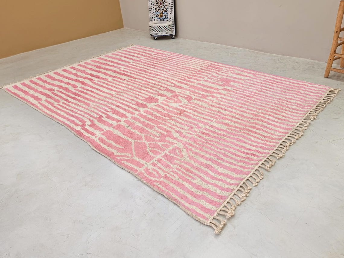 Tiniri - Pink And white Striped Beni Ourain Rug - Custom Made - Image 3