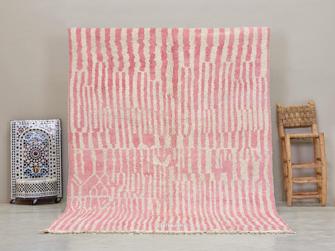 Tiniri - Pink And white Striped Beni Ourain Rug - Custom Made - Image 2