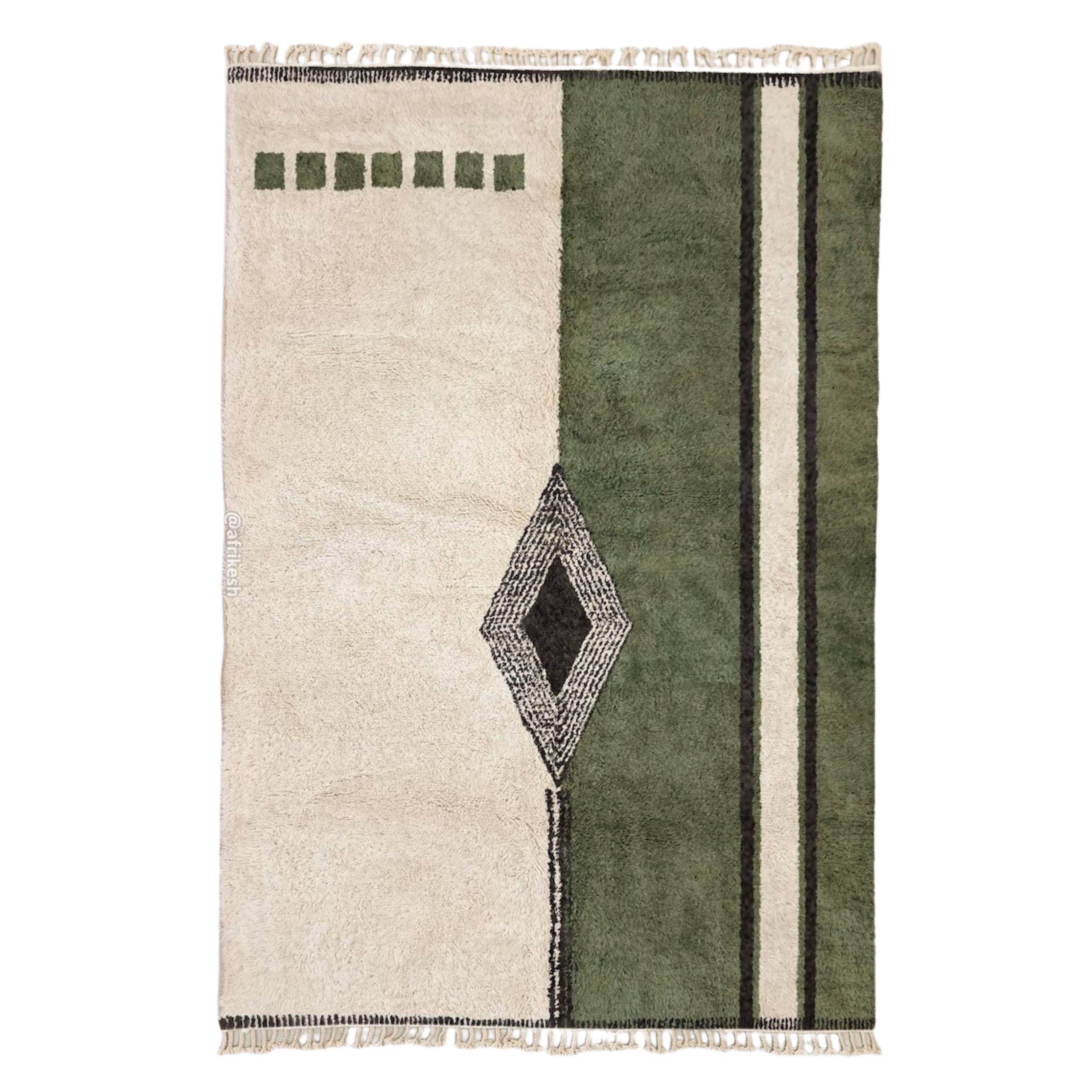 Zayd– Moroccan Beni Ourain Rug Green and White – Custom Geometric Berber Rug