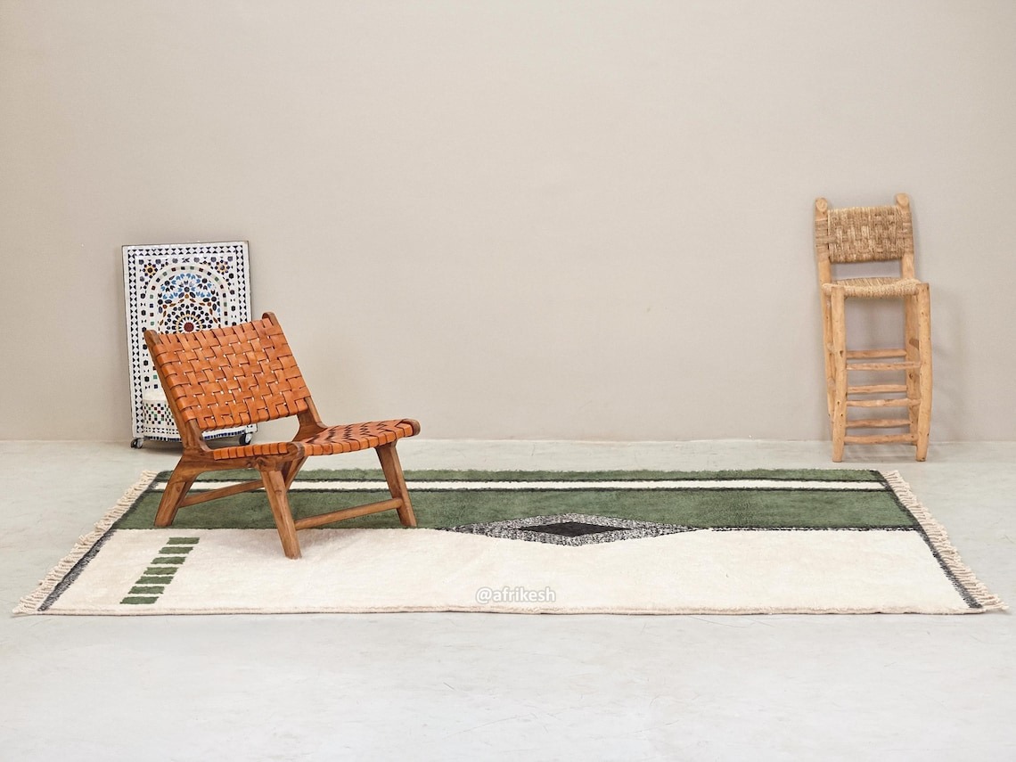 Zayd– Moroccan Beni Ourain Rug Green and White – Custom Geometric Berber Rug - Image 5