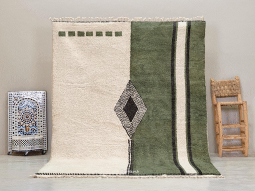 Zayd– Moroccan Beni Ourain Rug Green and White – Custom Geometric Berber Rug