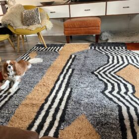 Idir- Beni Ourain Rug 6x9 – White and Pink Striped Carpet | Moroccan Handmade Wool Rug