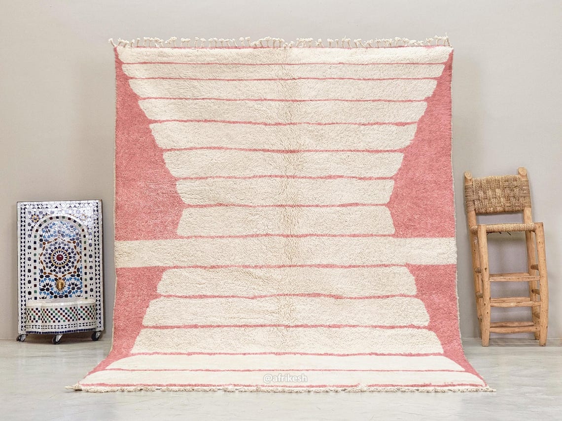 Hadiya- Beni Ourain Pink And white Rug - Custom Made Striped Carpet - Image 2