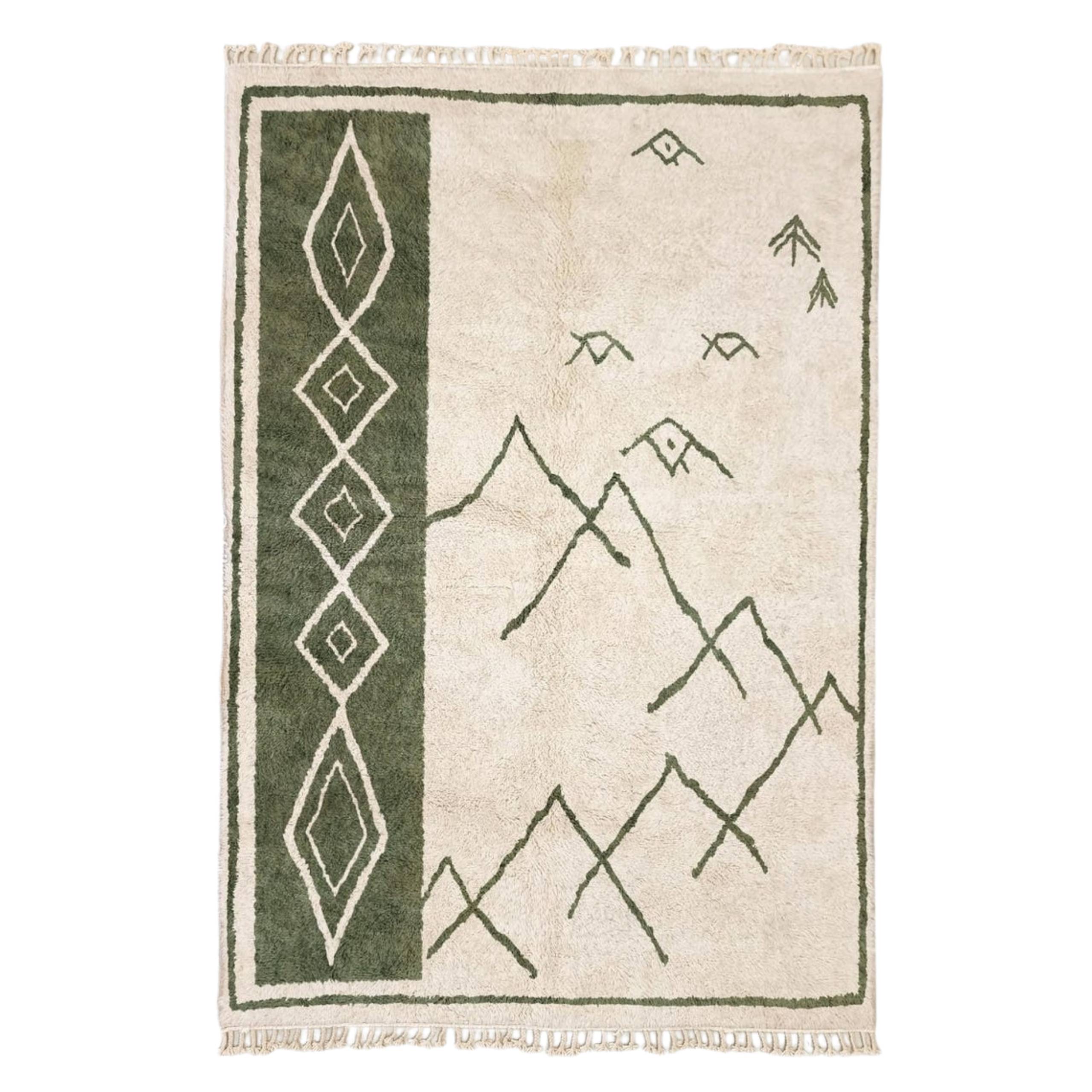Siraj – Moroccan Beni Ourain Green and White Rug – Custom Geometric Berber Rug