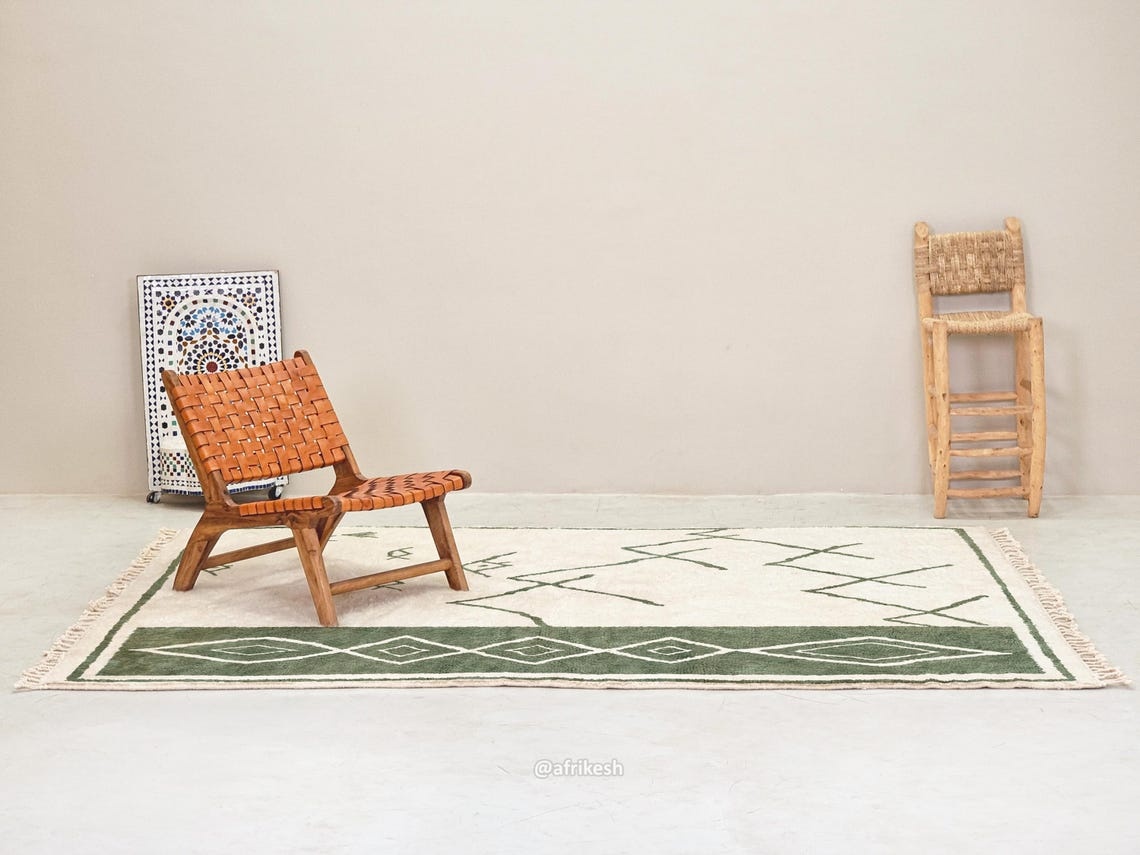 Siraj – Moroccan Beni Ourain Green and White Rug – Custom Geometric Berber Rug - Image 4