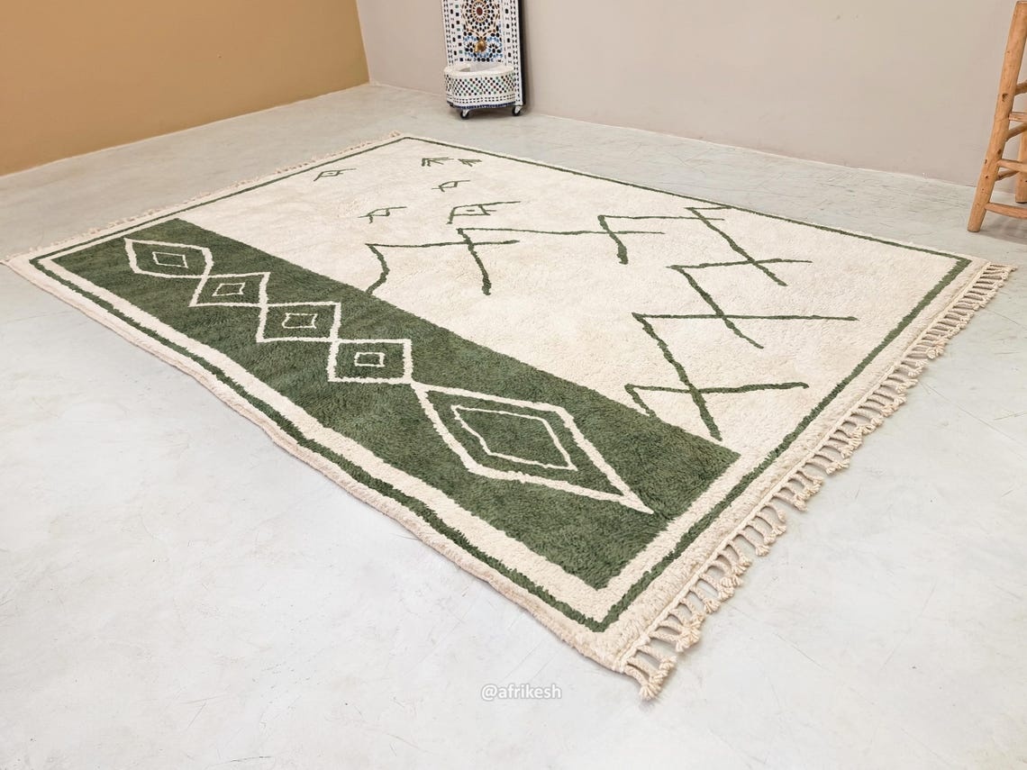 Siraj – Moroccan Beni Ourain Green and White Rug – Custom Geometric Berber Rug - Image 3