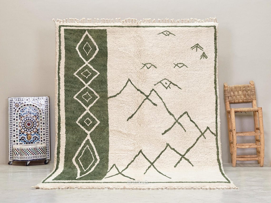 Siraj – Moroccan Beni Ourain Green and White Rug – Custom Geometric Berber Rug - Image 2