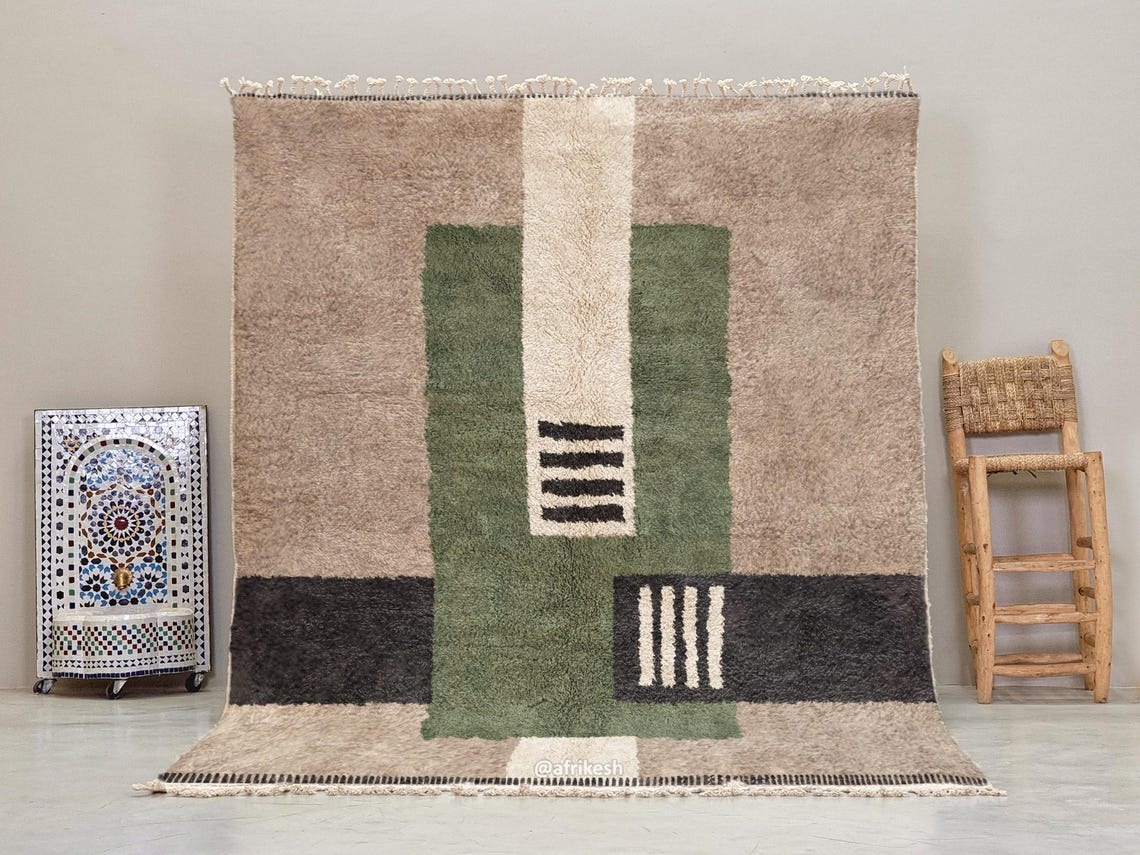 Tafsut – Beni Ourain Green and Beige Rug – Handmade Geometric Custom Rug - Image 2