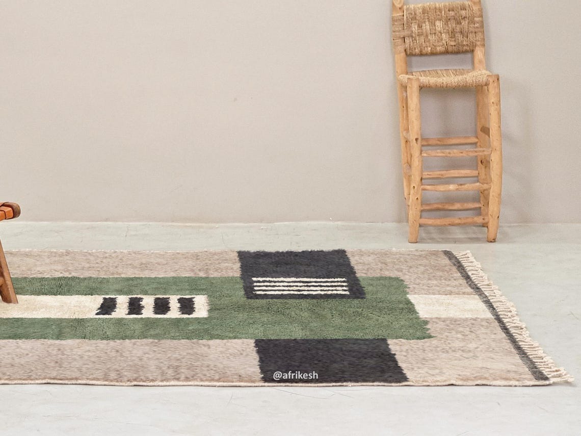 Tafsut – Beni Ourain Green and Beige Rug – Handmade Geometric Custom Rug - Image 7