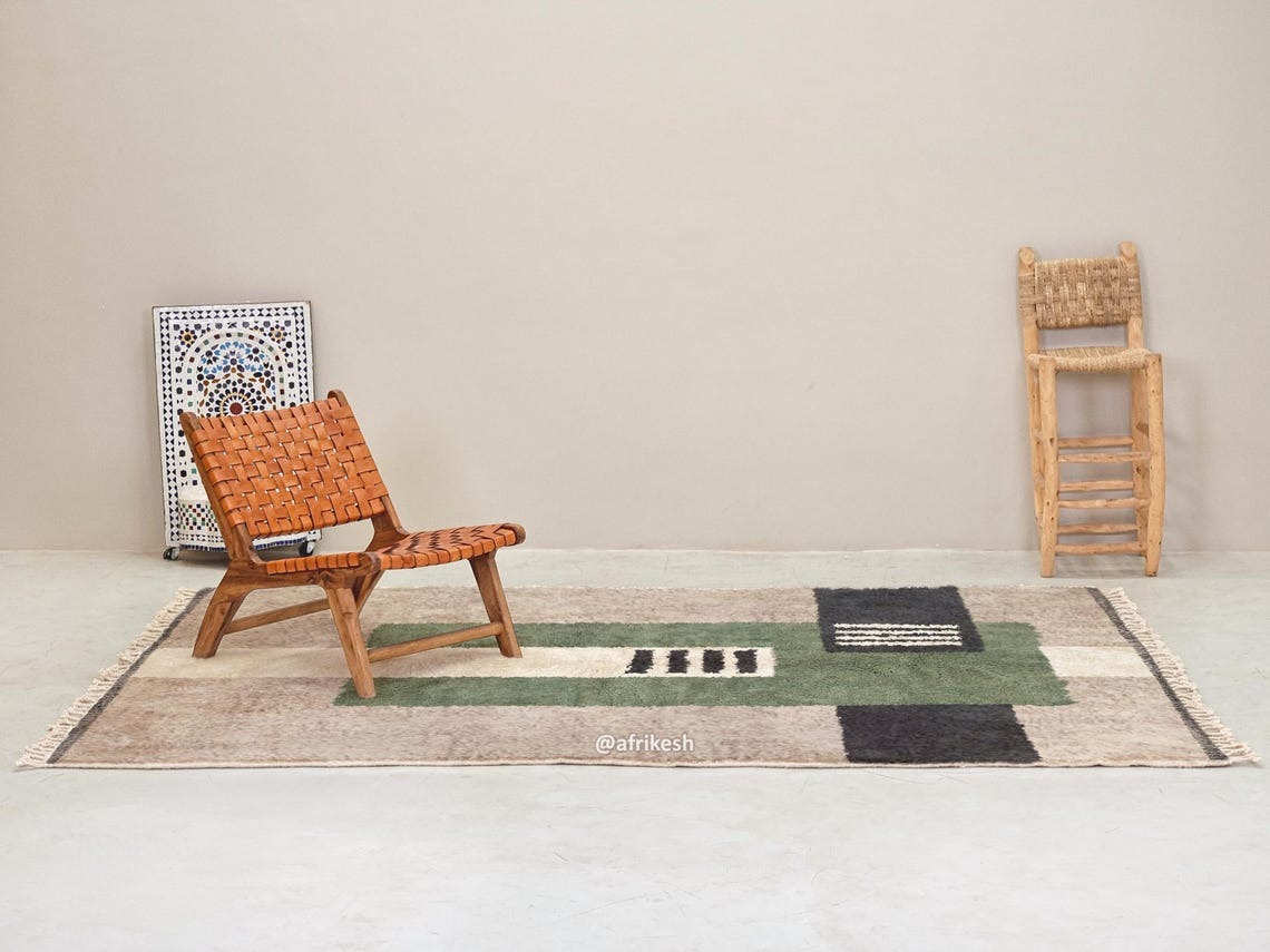 Tafsut – Beni Ourain Green and Beige Rug – Handmade Geometric Custom Rug - Image 5