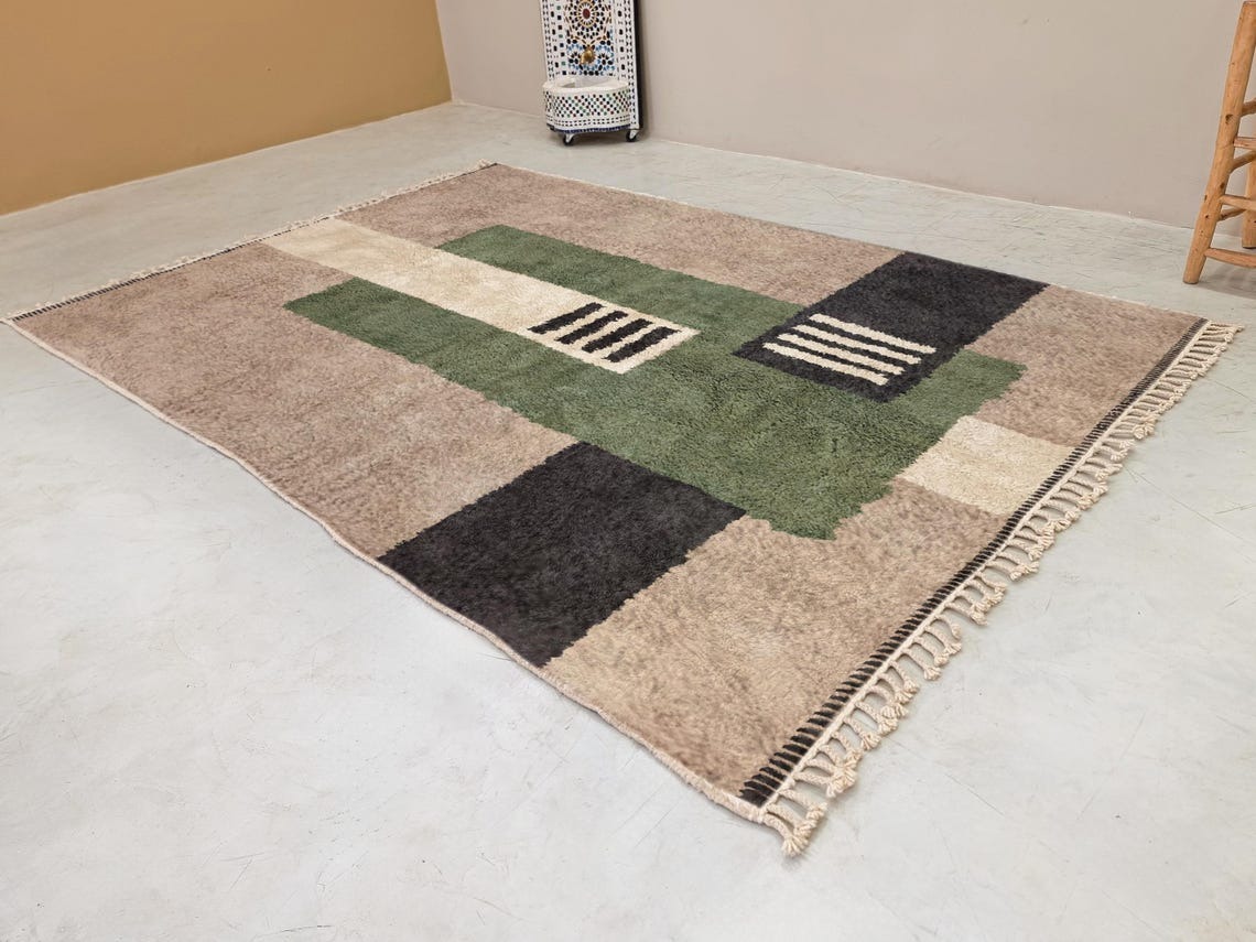 Tafsut – Beni Ourain Green and Beige Rug – Handmade Geometric Custom Rug - Image 4