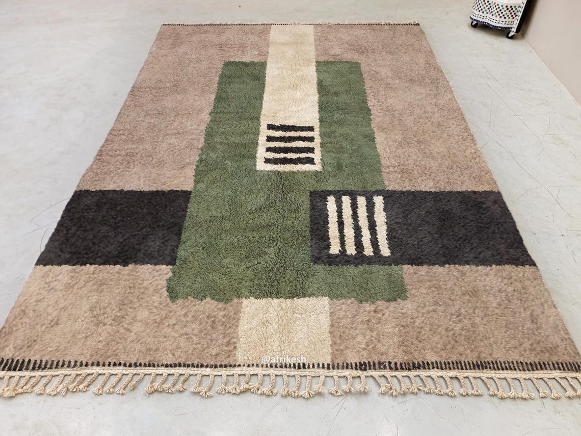 Tafsut – Beni Ourain Green and Beige Rug – Handmade Geometric Custom Rug - Image 3