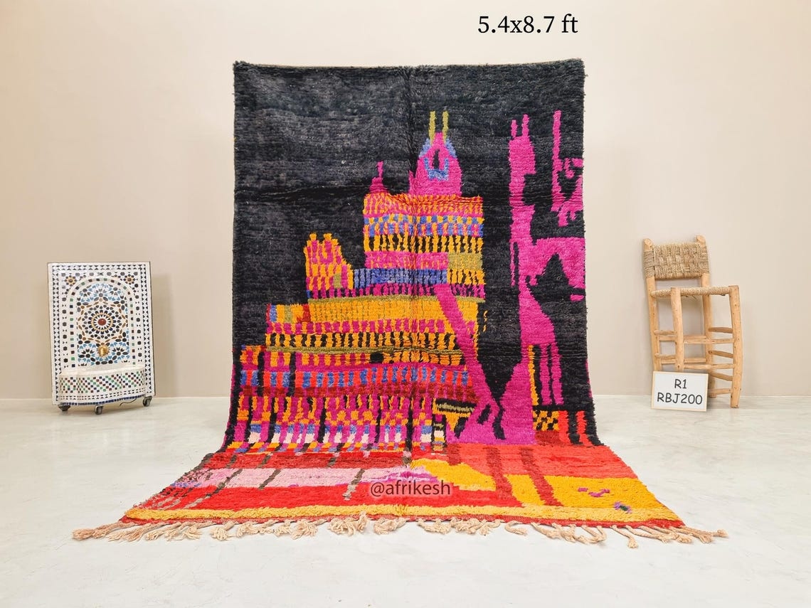 Selma- Vintage Moroccan Rug 5x8- Black and Pink Boujaad Moroccan Rug - Image 2