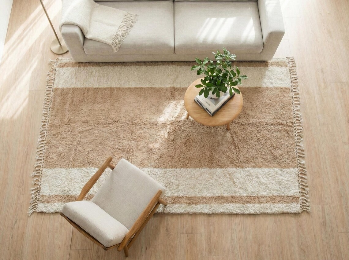 Abrid - Beni Ourain Beige And White Rug - Moroccan Striped Carpet - Image 5