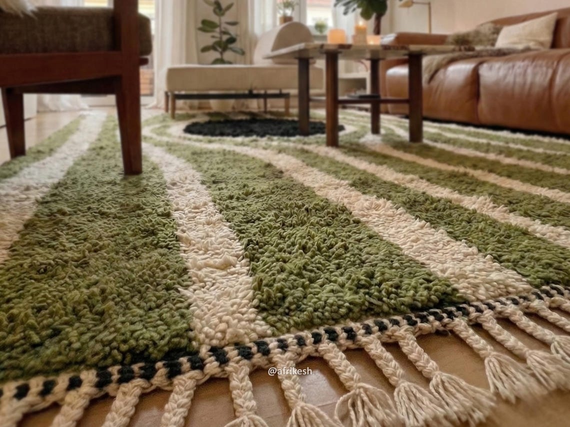 Azru– Green and White Striped Rug | Moroccan Beni Ourain Rug – Custom Sizes - Image 5