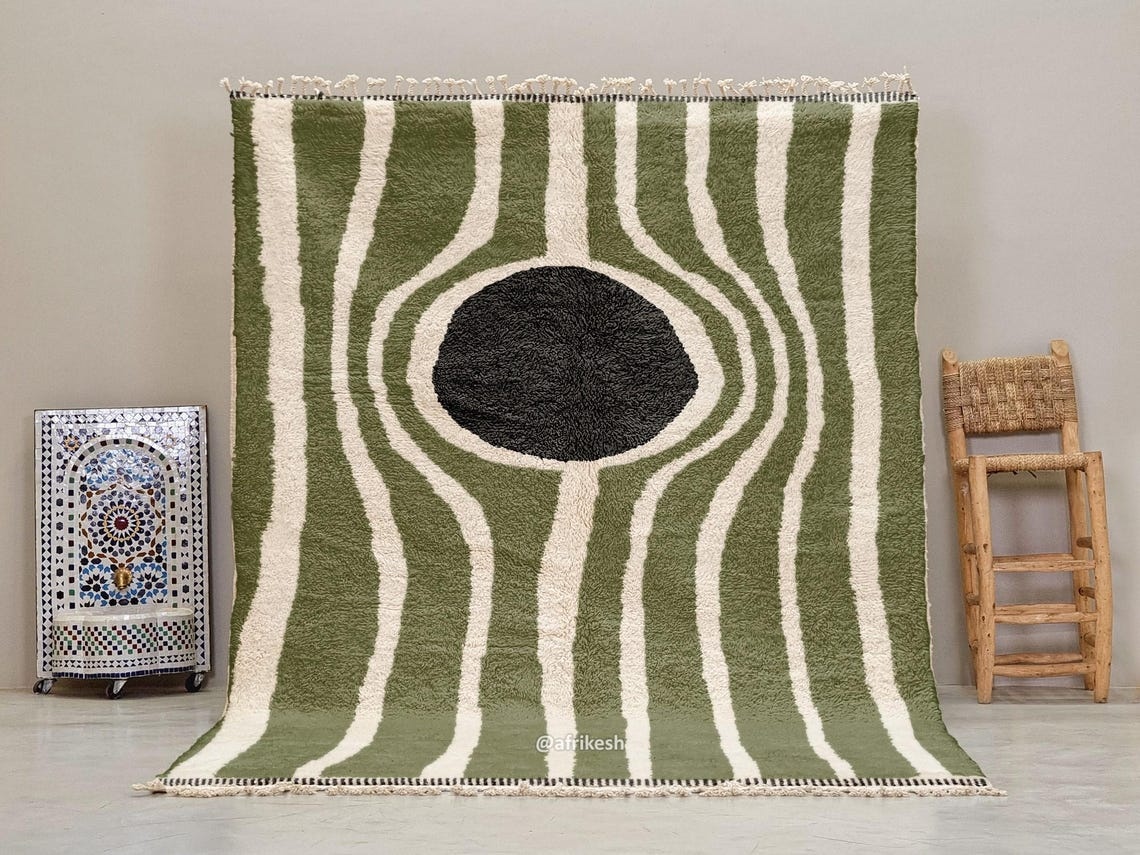 Azru– Green and White Striped Rug | Moroccan Beni Ourain Rug – Custom Sizes - Image 2