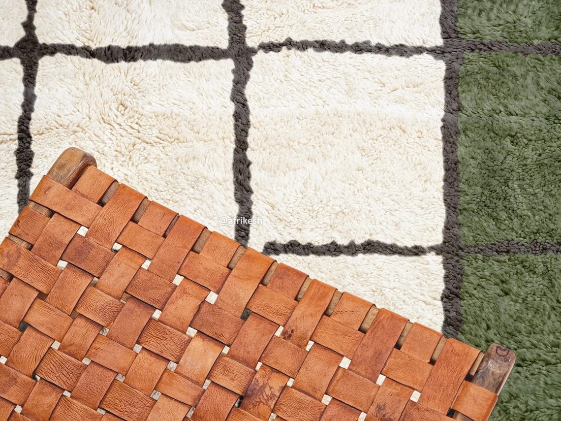 Tafukt – Green & White Moroccan Rug – Beni Ourain Grid Custom Rug - Image 4
