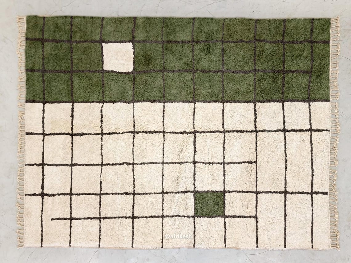 Tafukt – Green & White Moroccan Rug – Beni Ourain Grid Custom Rug - Image 5
