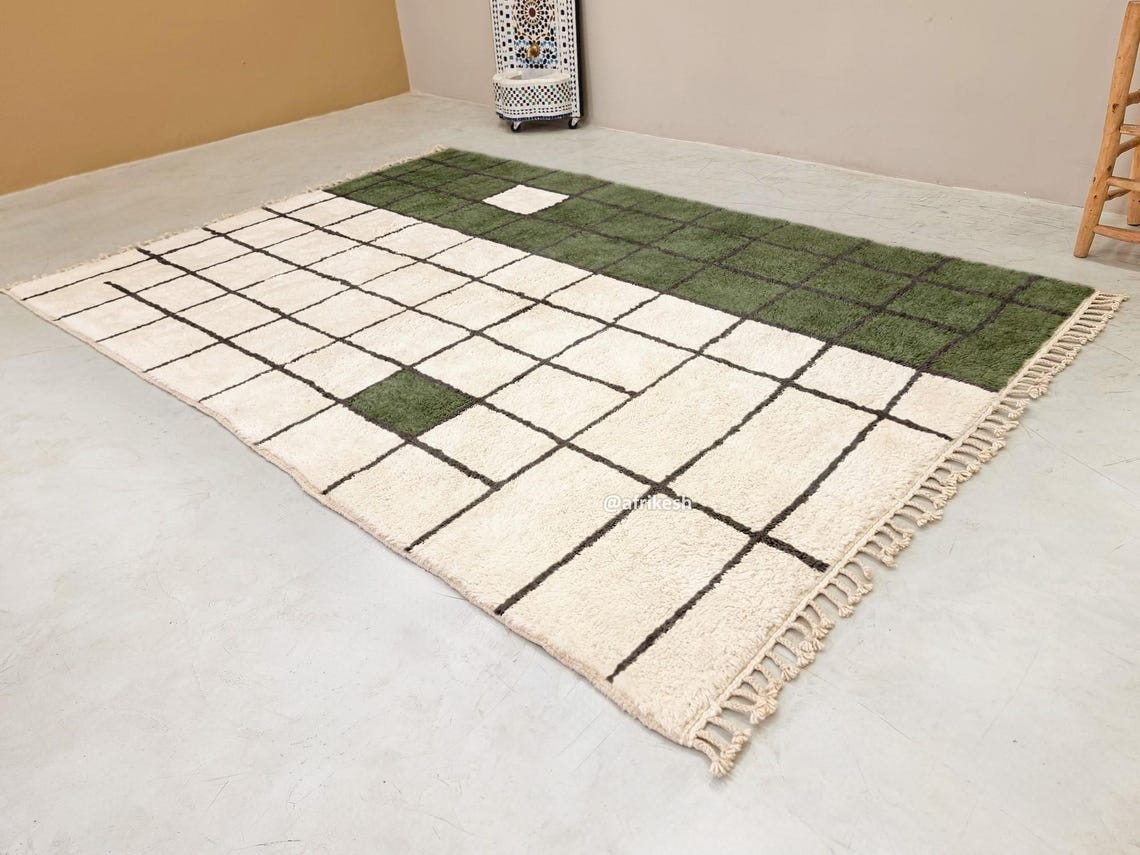 Tafukt – Green & White Moroccan Rug – Beni Ourain Grid Custom Rug - Image 3