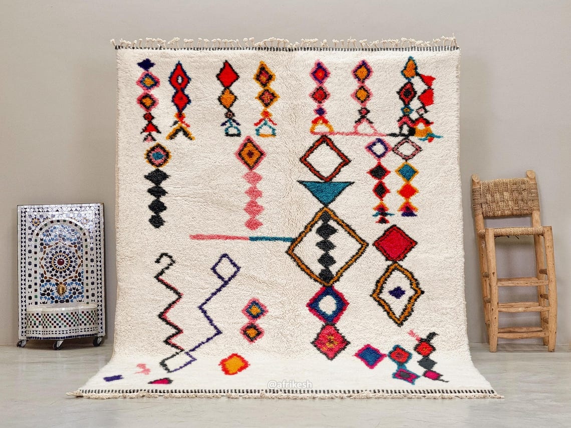 Izoran – Moroccan Beni Ourain Artistic Rug- Colorful Geometric Azilal Carpet - Image 2