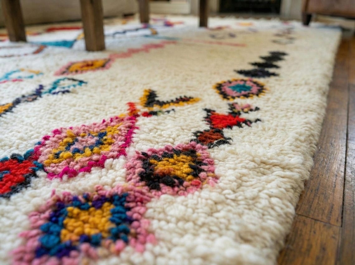 Izoran – Moroccan Beni Ourain Artistic Rug- Colorful Geometric Azilal Carpet - Image 7