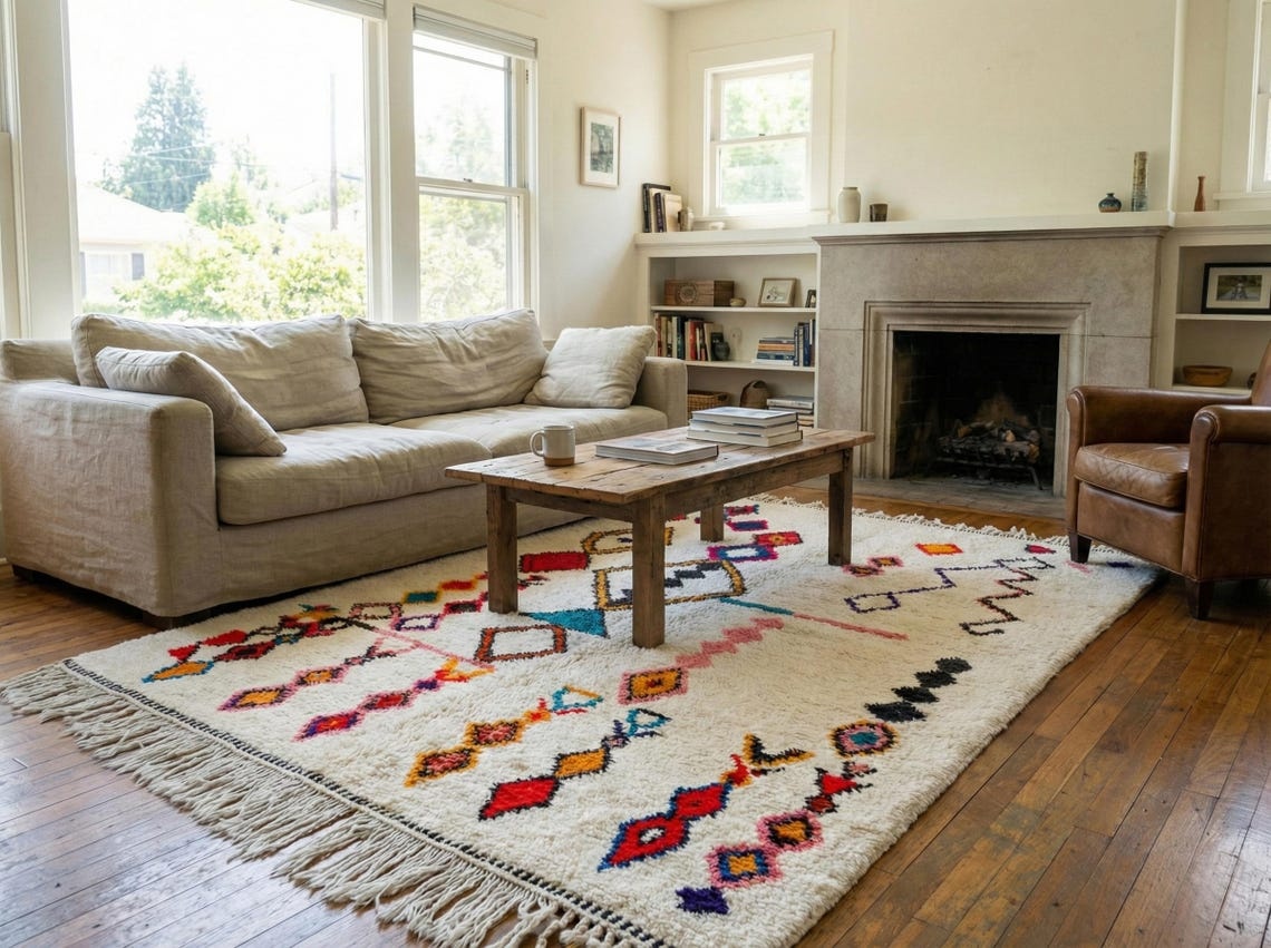 Izoran – Moroccan Beni Ourain Artistic Rug- Colorful Geometric Azilal Carpet - Image 6