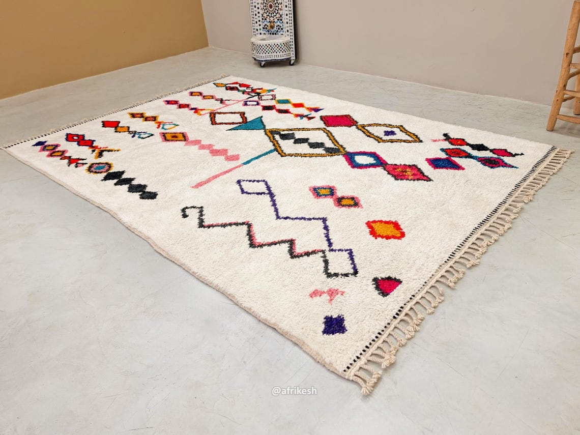 Izoran – Moroccan Beni Ourain Artistic Rug- Colorful Geometric Azilal Carpet - Image 3