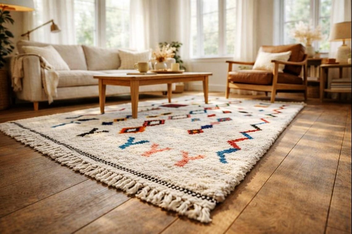 Tazarzit – Moroccan Beni Ourain Artistic Rug- Colorful Geometric Azilal Carpet - Image 6