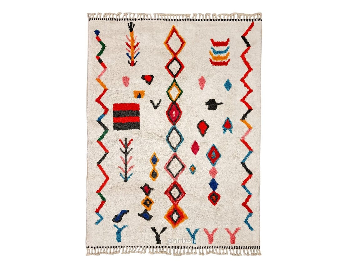Tazarzit – Moroccan Beni Ourain Artistic Rug- Colorful Geometric Azilal Carpet