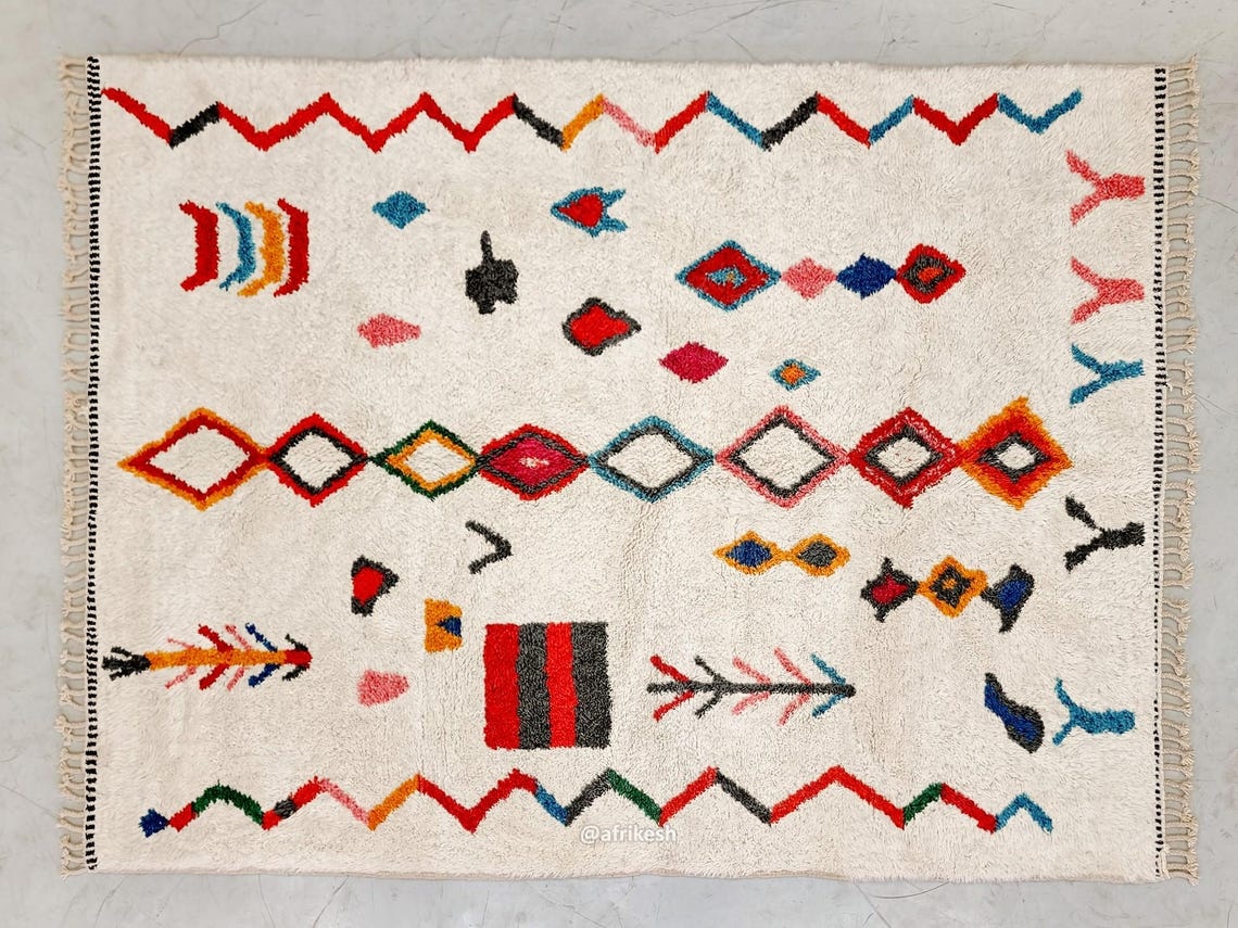 Tazarzit – Moroccan Beni Ourain Artistic Rug- Colorful Geometric Azilal Carpet - Image 7