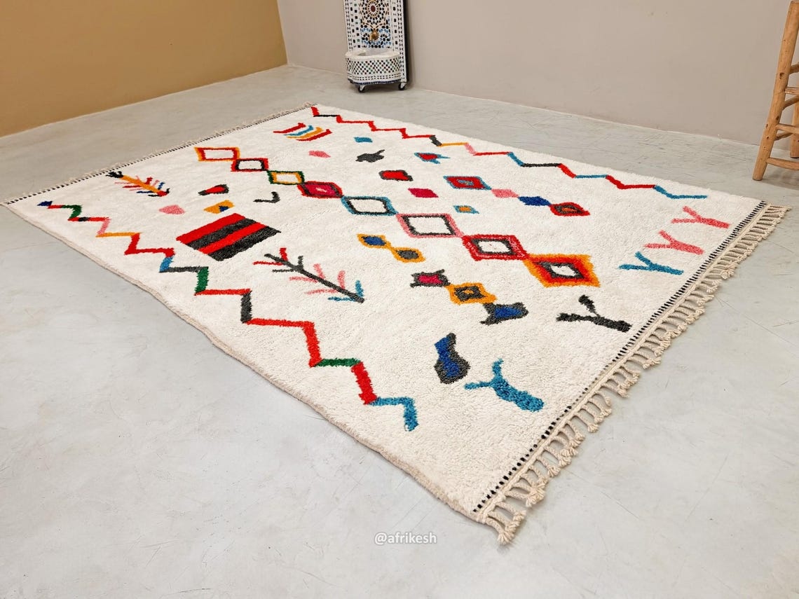 Tazarzit – Moroccan Beni Ourain Artistic Rug- Colorful Geometric Azilal Carpet - Image 3