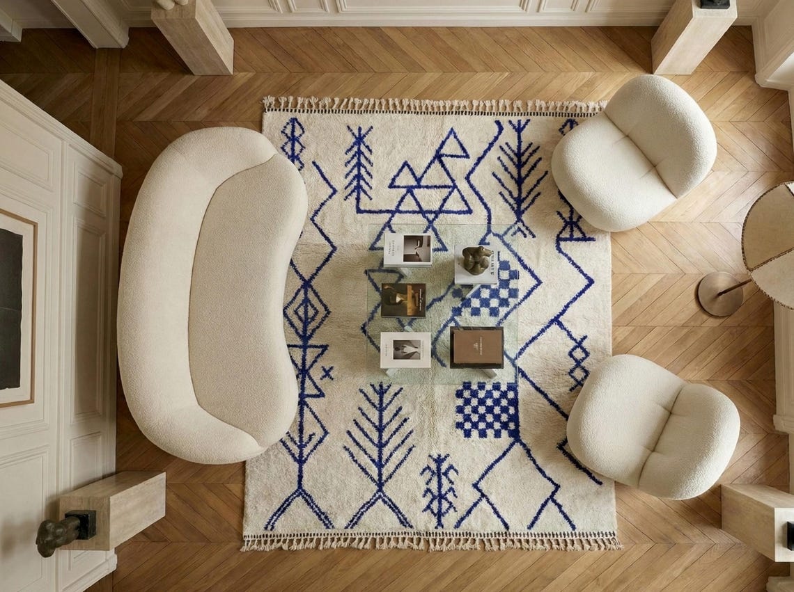 Tifawt– Moroccan Beni Ourain Artistic Rug- Bleau and White Azilal Carpet - Image 9