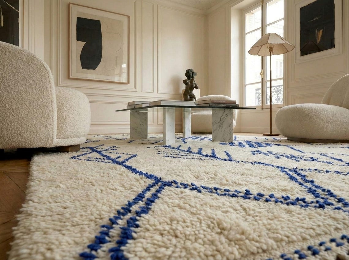 Tifawt– Moroccan Beni Ourain Artistic Rug- Bleau and White Azilal Carpet - Image 7