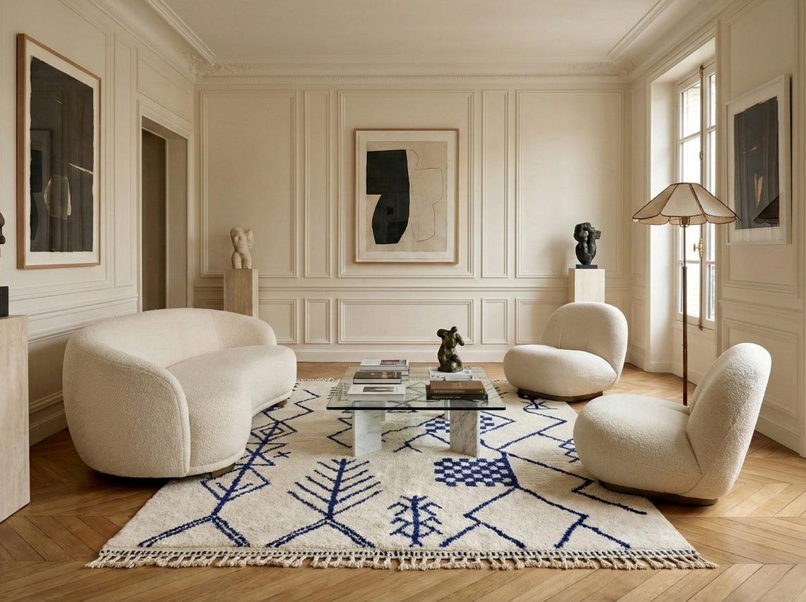 Tifawt– Moroccan Beni Ourain Artistic Rug- Bleau and White Azilal Carpet - Image 6