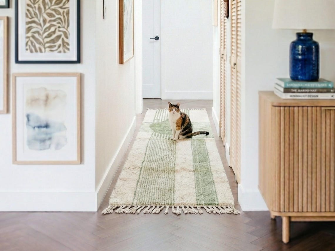 Nawat – Green & White Moroccan Rug – Beni Ourain Striped Runner - Image 6