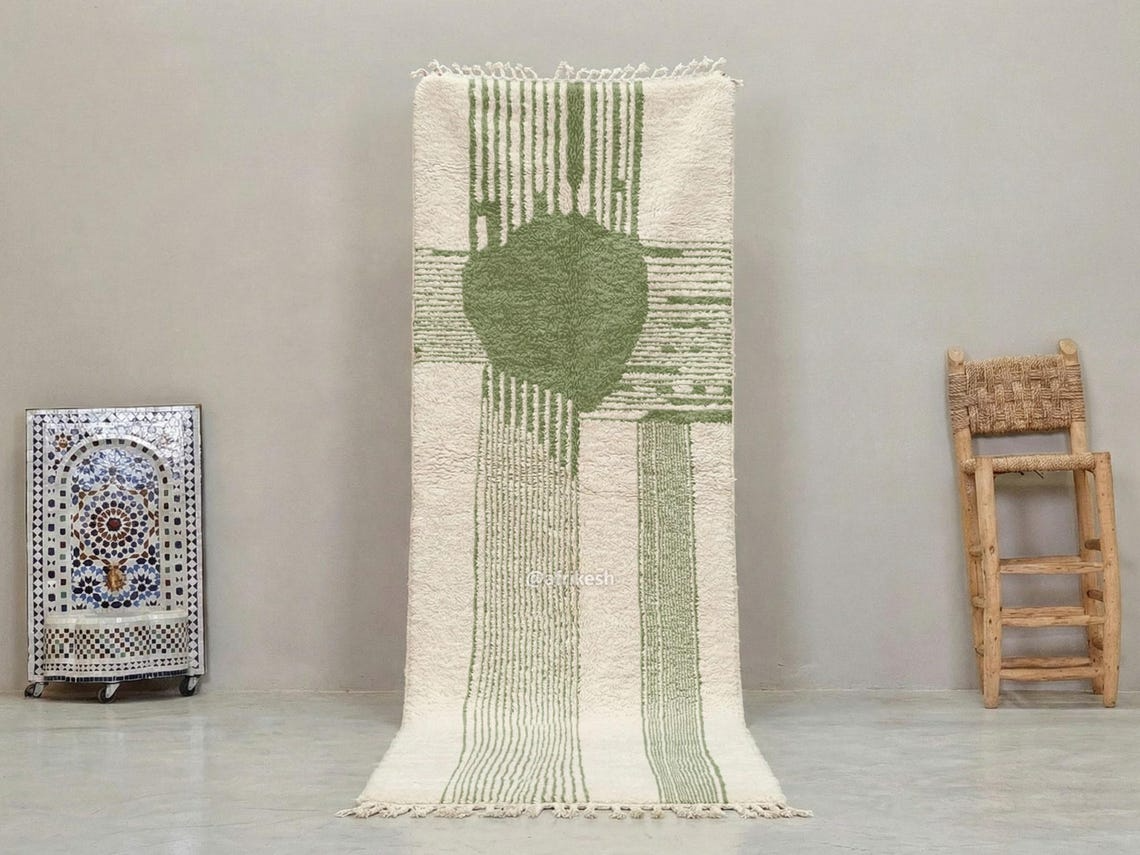 Nawat – Green & White Moroccan Rug – Beni Ourain Striped Runner - Image 2