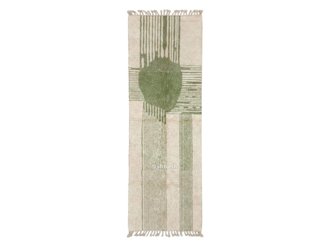 Nawat – Green & White Moroccan Rug – Beni Ourain Striped Runner