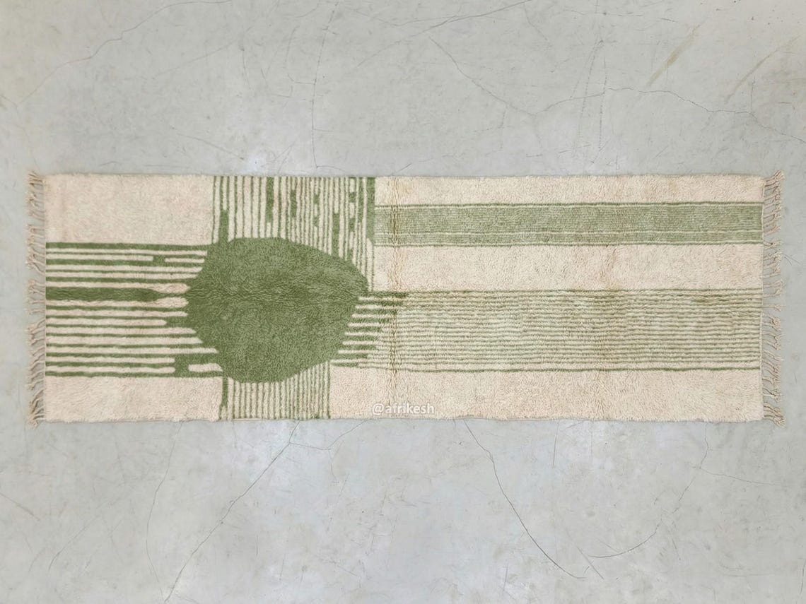 Nawat – Green & White Moroccan Rug – Beni Ourain Striped Runner - Image 5