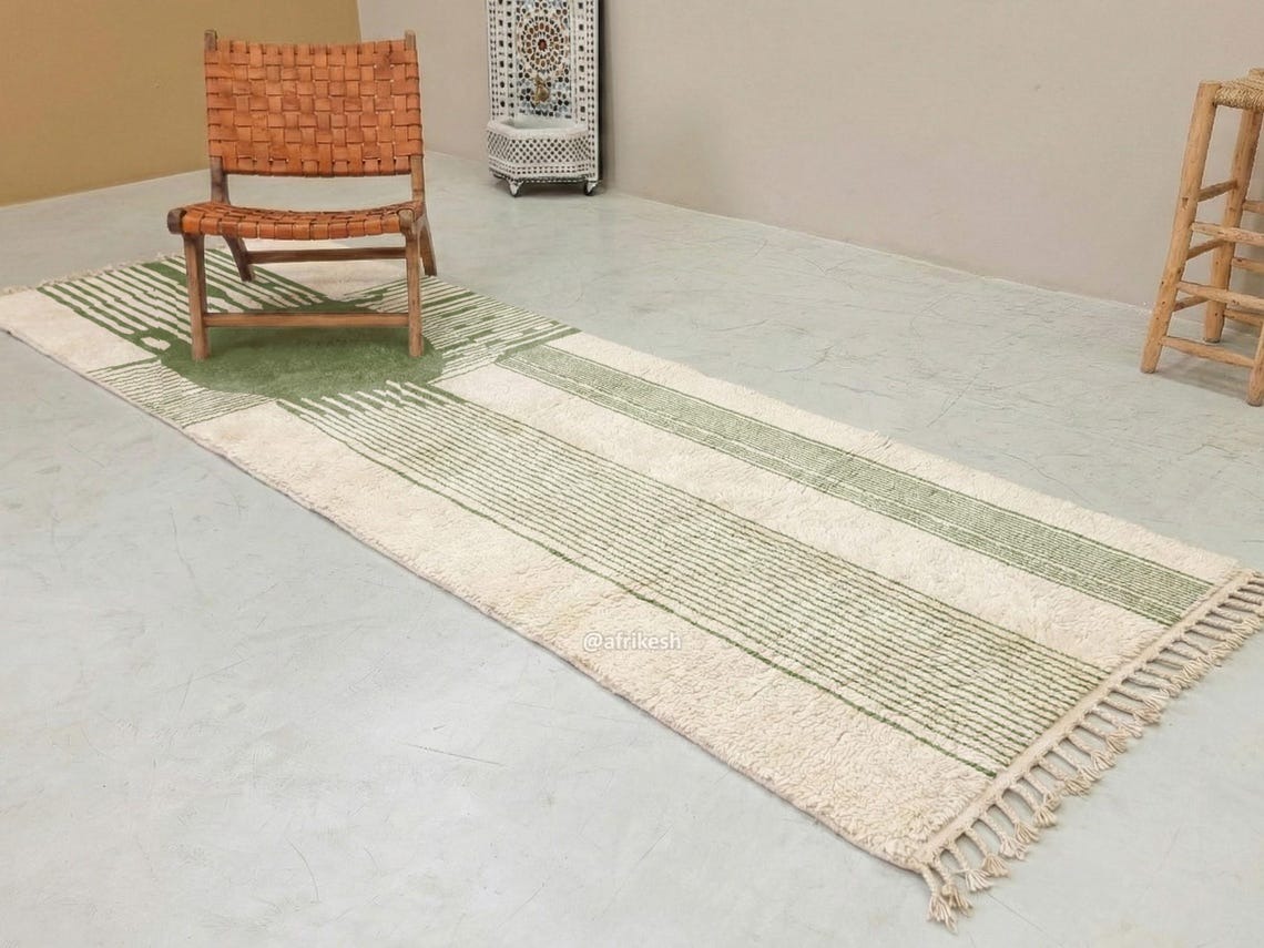 Nawat – Green & White Moroccan Rug – Beni Ourain Striped Runner - Image 4