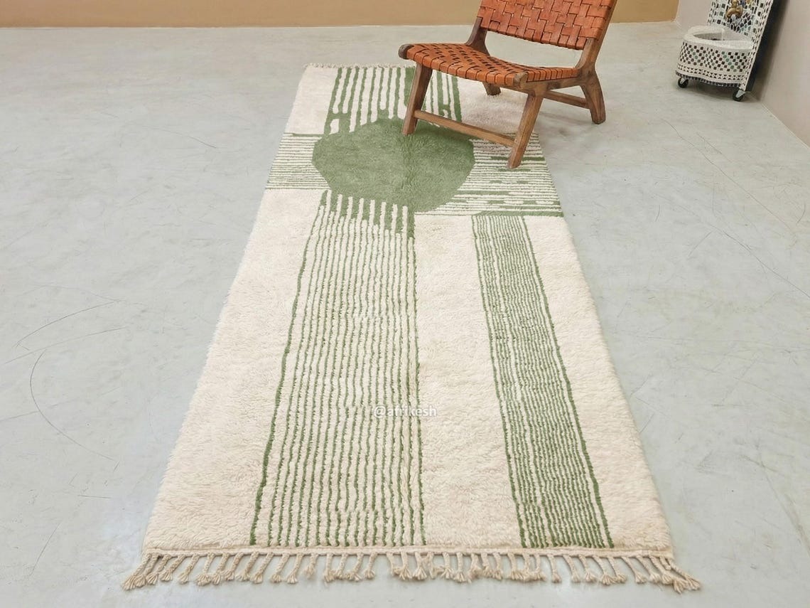 Nawat – Green & White Moroccan Rug – Beni Ourain Striped Runner - Image 3