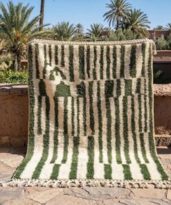 Alternative view of Shawia - Green And White Moroccan  Rug - Beni Ourain Stirped Carpet 5x7