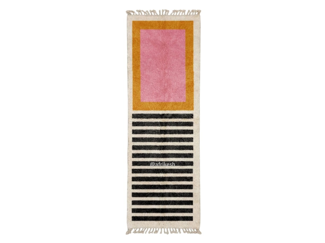 Sollam – Pink & Orange Moroccan Rug – Custom Beni Ourain Runner with Black Stripes
